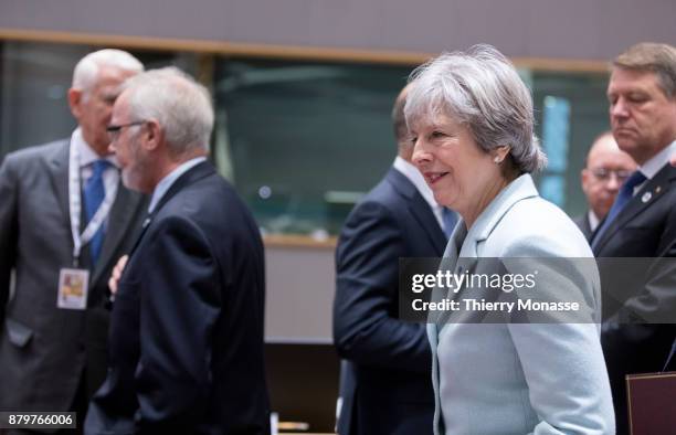 Prime Minister of the United Kingdom Theresa May arrives for an EU-Eastern partnership summit on November 24, 2017 in Brussel, Belgium.