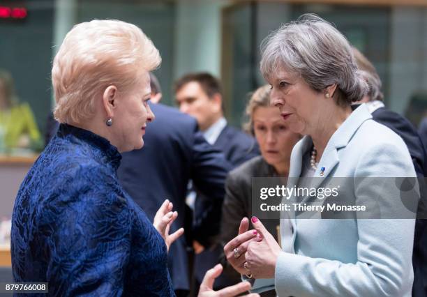 Lithuanian President Dalia Grybauskaite is talking with the Prime Minister of the United Kingdom Theresa May prior an EU-Eastern partnership summit...