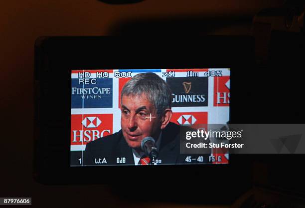 British & Irish Lions Head Coach Ian McGeechan faces the media after arriving in South Africa at the Sandton Sun Hotel on May 25, 2009 in...