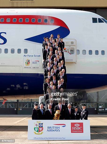 The British & Irish Lions tour team depart on 'Air Force Scrum', the official British Airways aircraft taking the team to South Africa for a...