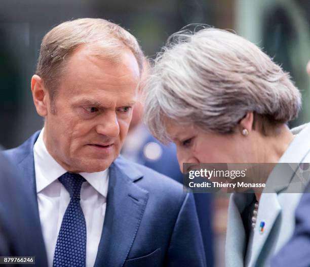 President of the European Council Donald Franciszek Tusk is talking with the Prime Minister of the United Kingdom Theresa May prior an EU-Eastern...