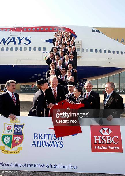 The British & Irish Lions tour team depart on 'Air Force Scrum', the official British Airways aircraft taking the team to South Africa for a...