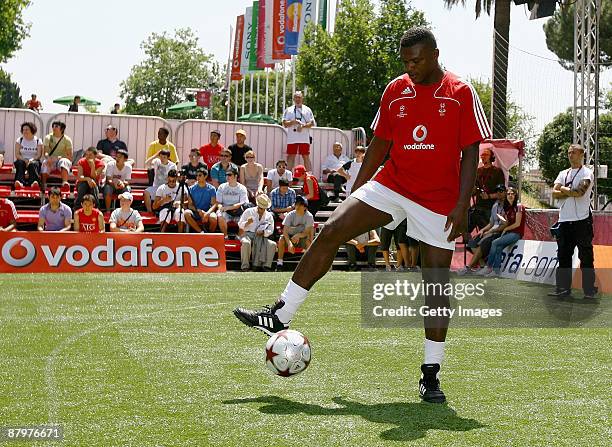 Former France International Marcel Desailly plays in an exhibition match with the Vodafone Foundation All Stars Team against an Italian Homeless team...