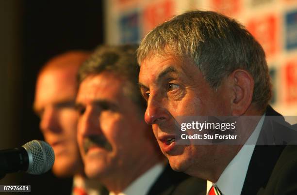 British & Irish Lions captain Paul O'Connell, manager Gerald Davies and Head Coach Ian McGeechan face the media after arriving in South Africa at the...