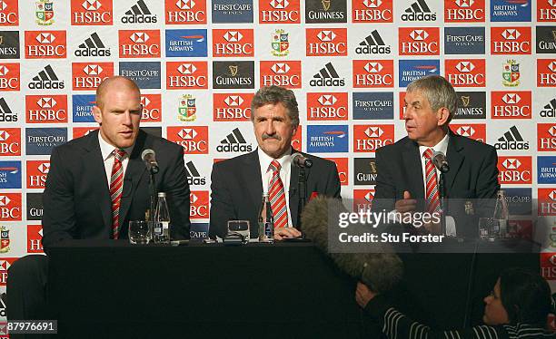 British & Irish Lions captain Paul O'Connell, manager Gerald Davies and Head Coach Ian McGeechan face the media after arriving in South Africa at the...