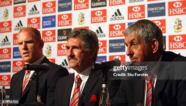 British & Irish Lions captain Paul O'Connell, manager Gerald Davies and Head Coach Ian McGeechan face the media after arriving in South Africa at the...