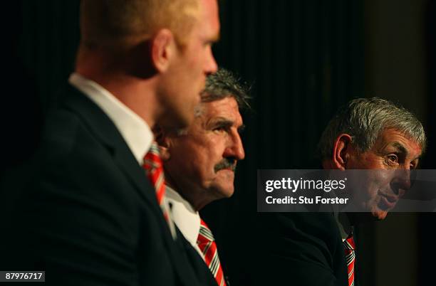 British & Irish Lions captain Paul O'Connell, manager Gerald Davies and Head Coach Ian McGeechan face the media after arriving in South Africa at the...