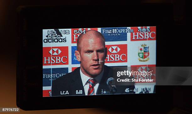 British & Irish Lions captain Paul O'Connell faces the media after arriving in South Africa at the Sandton Sun Hotel on May 25, 2009 in Johannesburg,...