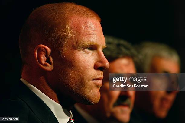 British & Irish Lions captain Paul O'Connell, manager Gerald Davies and Head Coach Ian McGeechan face the media after arriving in South Africa at the...