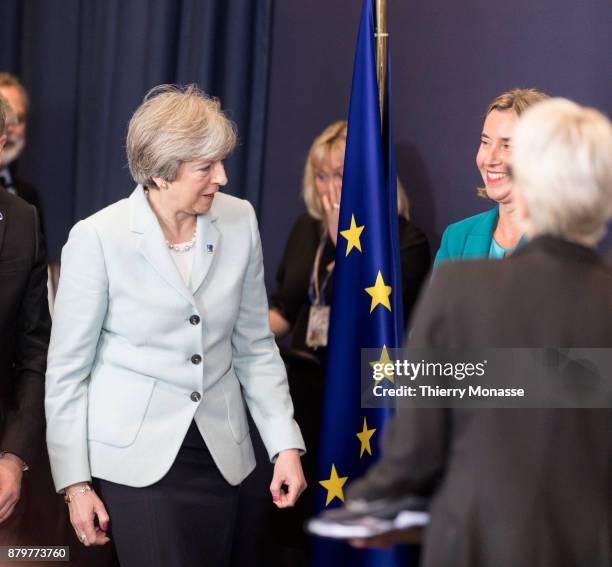 Prime Minister of the United Kingdom Theresa May arrives for a family photo on November 24, 2017 in Brussel, Belgium.