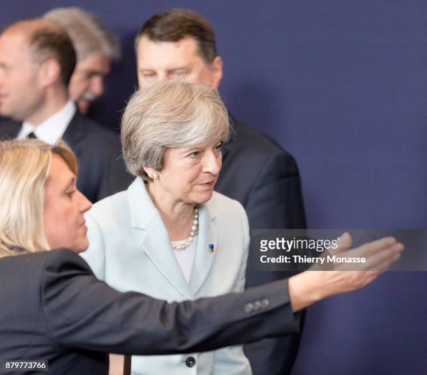 Prime Minister of the United Kingdom Theresa May arrives for a family photo on November 24, 2017 in Brussel, Belgium.