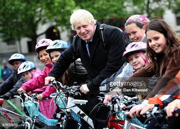 London Mayor Boris Johnson launches the 'Summer of Cycling' with a group of school children at Trafalgar Square on May 26, 2009 in London, England....