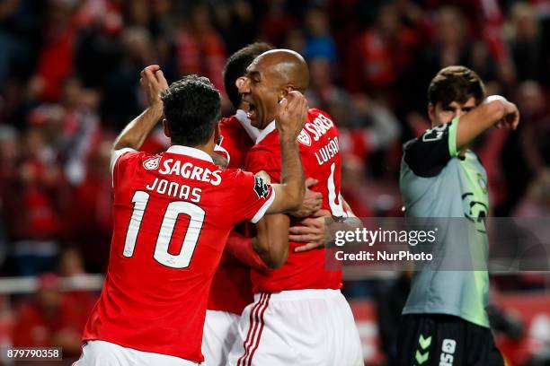 Benfica's defender Luisao celebrates his goal with Benfica's forward Jonas during Primeira Liga 2017/18 match between SL Benfica vs Vitoria FC, in...