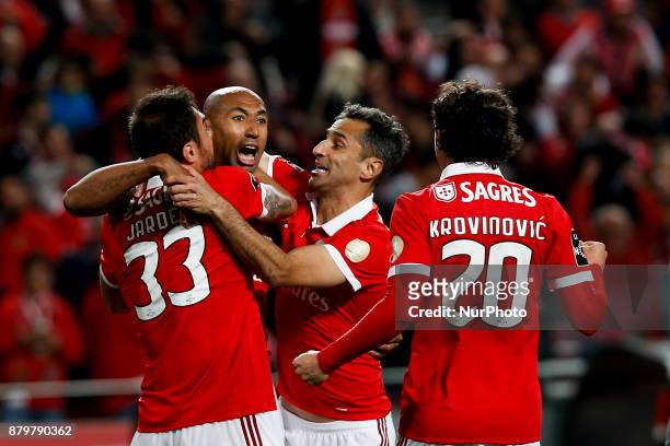 Benfica's defender Luisao celebrates his goal with Benfica's forward Jonas , Benfica's defender Jardel Vieira and Benfica's midfielder Filip...
