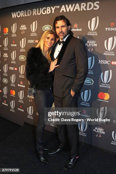 Former South African Springbok Victor Matfield and his wife Monja Bekker attend the World Rugby via Getty Images Awards 2017 in the Salle des Etoiles...