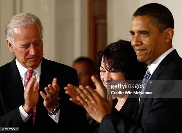 President Barack Obama and Vice President Joe Biden applaud United States Court of Appeals for the Second Circuit Judge Sonia Sotomayor of New York...