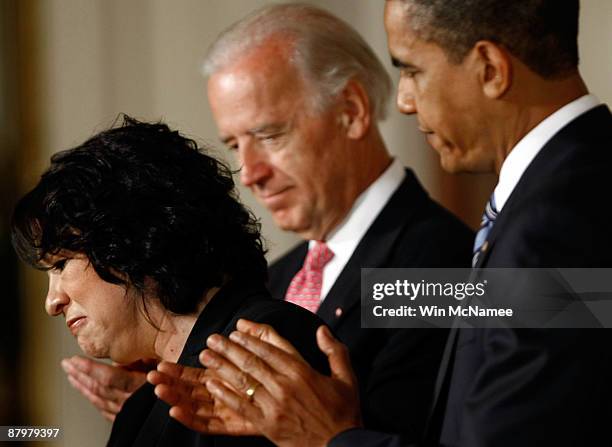 President Barack Obama and Vice President Joe Biden applaud United States Court of Appeals for the Second Circuit Judge Sonia Sotomayor of New York...