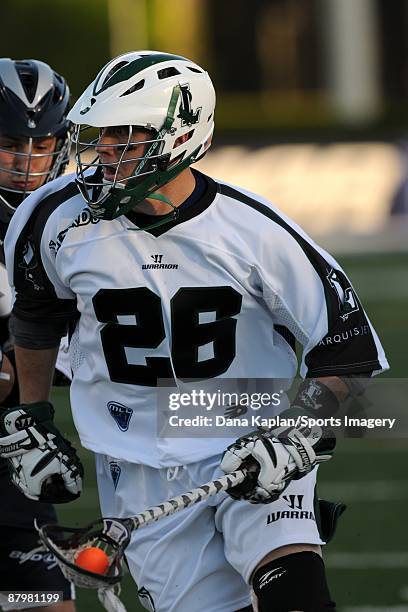 Blake Miller of the Long Island Lizards looks to make a play during a Major League Lacrosse game against the Washington Bayhawks at Shuart Stadium...