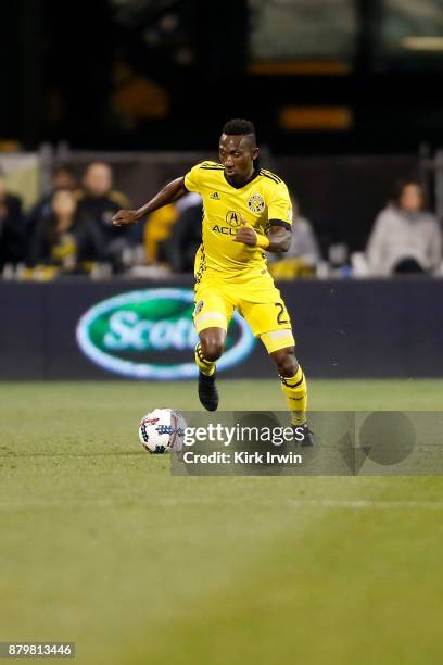 Harrison Afful of the Columbus Crew SC controls the ball during the match against the Toronto FC at MAPFRE Stadium on November 21, 2017 in Columbus,...