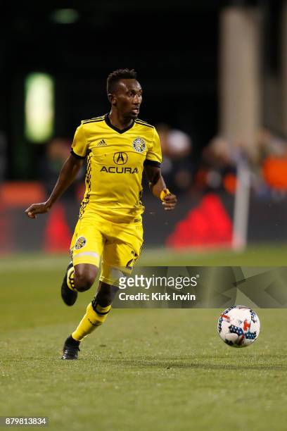 Harrison Afful of the Columbus Crew SC controls the ball during the match against the Toronto FC at MAPFRE Stadium on November 21, 2017 in Columbus,...