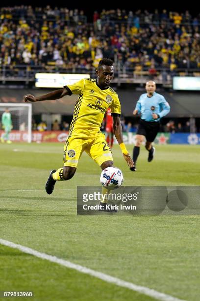 Harrison Afful of the Columbus Crew SC controls the ball during the match against the Toronto FC at MAPFRE Stadium on November 21, 2017 in Columbus,...