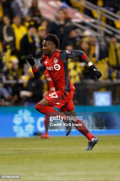 Tosaint Ricketts of the Toronto FC chases after the ball during the match against the Columbus Crew SC at MAPFRE Stadium on November 21, 2017 in...