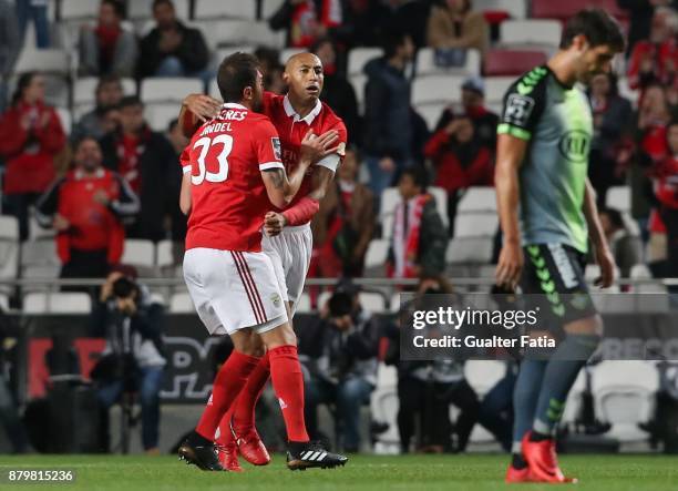 Benfica defender Luisao from Brazil celebrates with teammate SL Benfica defender Jardel Vieira from Brazil after scoring a goal during the Primeira...