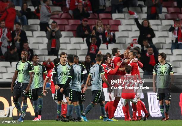 Benfica defender Luisao from Brazil celebrates with teammates after scoring a goal during the Primeira Liga match between SL Benfica and Vitoria...