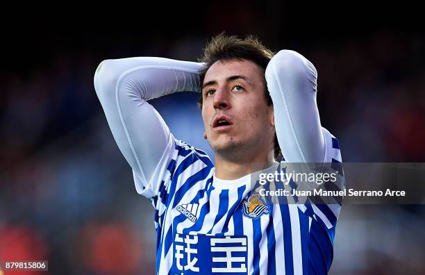 Mikel Oyarzabal of Real Sociedad reacts during the La Liga match between Real Sociedad de Futbol and UD Las Palmas at Estadio Anoeta on November 26,...