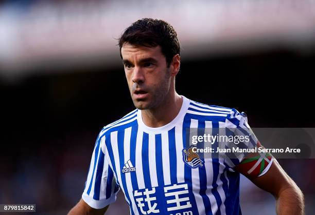 Xabier Prieto of Real Sociedad reacts during the La Liga match between Real Sociedad de Futbol and UD Las Palmas at Estadio Anoeta on November 26,...