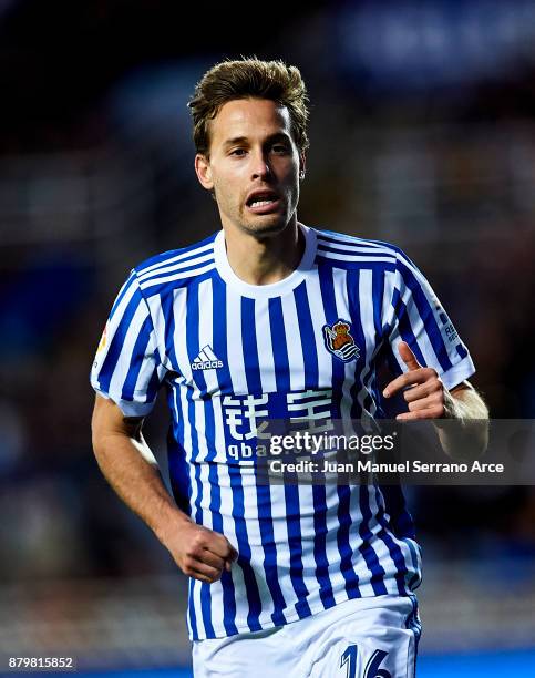 Sergio Canales of Real Sociedad reacts during the La Liga match between Real Sociedad de Futbol and UD Las Palmas at Estadio Anoeta on November 26,...