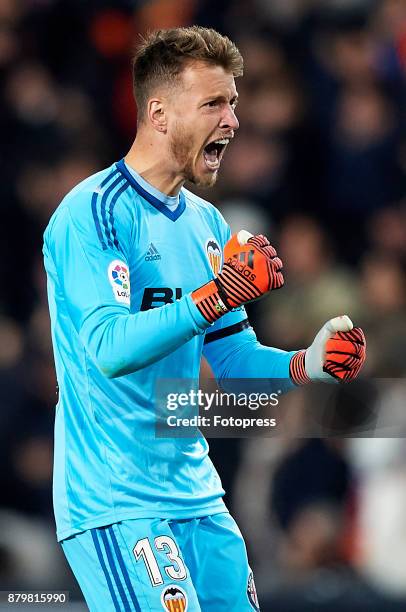 Norberto Murara Neto of Valencia celebrates his team's first goal during the La Liga match between Valencia and Barcelona at Estadio Mestalla on...