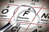 Focus on fluorine chemical element - element against tooth decay - concept image with a magnifying glass above the Mendeleev periodic table