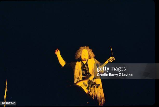 Leslie West, guitarist for the hard rock act 'Mountain', performs onstage at the Woodstock Music and Arts Fair in Bethel, New York, August 15 - 17 ,...