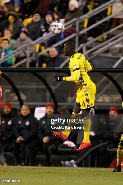 Jonathan Mensah of the Columbus Crew SC heads the ball during the match against the Toronto FC at MAPFRE Stadium on November 21, 2017 in Columbus,...