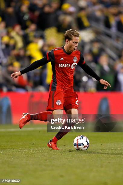 Nicolas Hasler of the Toronto FC controls the ball during the match against the Columbus Crew SC at MAPFRE Stadium on November 21, 2017 in Columbus,...