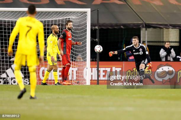 Alex Bono of the Toronto FC puts the ball in play during the match against the Columbus Crew SC at MAPFRE Stadium on November 21, 2017 in Columbus,...