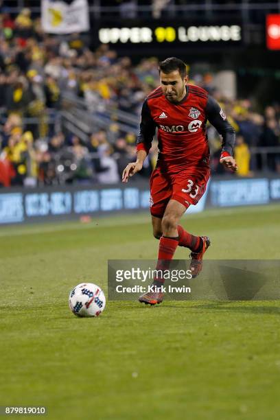 Steven Beitashour of the Toronto FC controls the ball during the match against the Columbus Crew SC at MAPFRE Stadium on November 21, 2017 in...