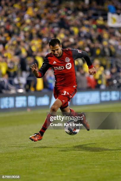 Steven Beitashour of the Toronto FC controls the ball during the match against the Columbus Crew SC at MAPFRE Stadium on November 21, 2017 in...