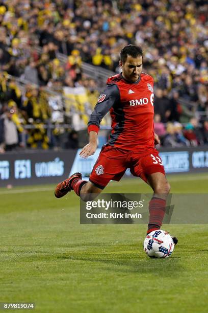 Steven Beitashour of the Toronto FC controls the ball during the match against the Columbus Crew SC at MAPFRE Stadium on November 21, 2017 in...