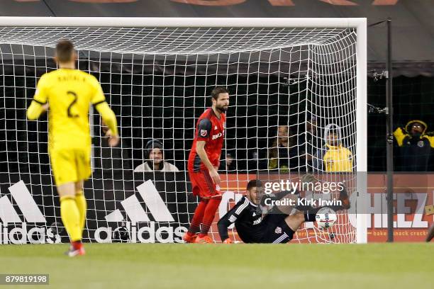 Alex Bono of the Toronto FC makes a save during the match against the Columbus Crew SC at MAPFRE Stadium on November 21, 2017 in Columbus, Ohio....