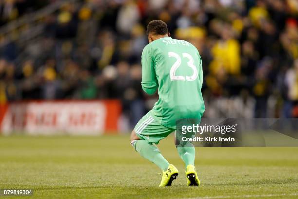 Zack Steffen of the Columbus Crew SC reacts to a shot narrowly missing the goal during the match against the Toronto FC at MAPFRE Stadium on November...