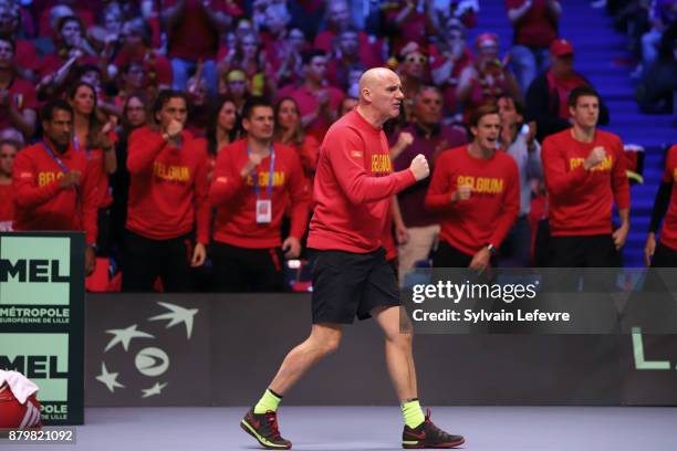Belgium team coach Johan Van Herck reacts during day 3 of the Davis Cup World Group final between France and Belgium at Stade Pierre Mauroy on...
