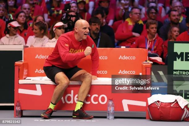 Belgium team coach Johan Van Herck reacts during day 3 of the Davis Cup World Group final between France and Belgium at Stade Pierre Mauroy on...