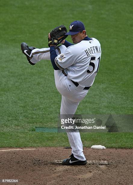 Trevor Hoffman of the Milwaukee Brewers delivers the ball against the Florida Marlins on May 14, 2009 at Miller Park in Milwaukee, Wisconsin. The...