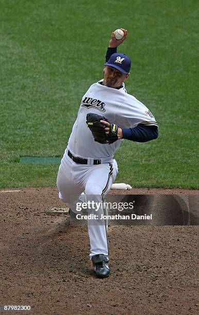 Trevor Hoffman of the Milwaukee Brewers delivers the ball against the Florida Marlins on May 14, 2009 at Miller Park in Milwaukee, Wisconsin. The...