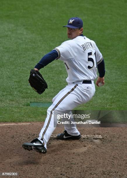 Trevor Hoffman of the Milwaukee Brewers delivers the ball against the Florida Marlins on May 14, 2009 at Miller Park in Milwaukee, Wisconsin. The...