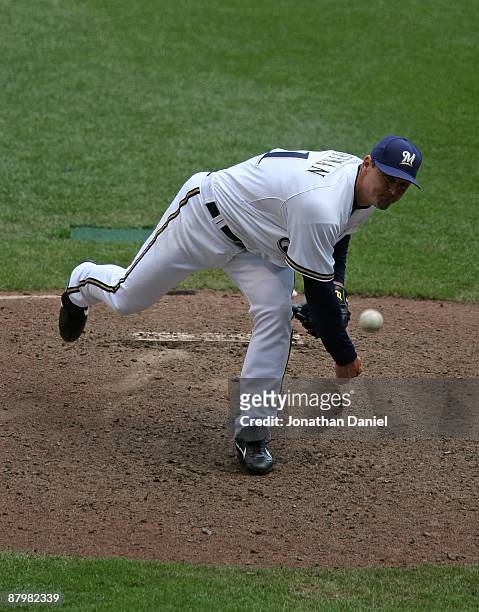 Trevor Hoffman of the Milwaukee Brewers delivers the ball against the Florida Marlins on May 14, 2009 at Miller Park in Milwaukee, Wisconsin. The...