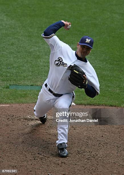 Trevor Hoffman of the Milwaukee Brewers delivers the ball against the Florida Marlins on May 14, 2009 at Miller Park in Milwaukee, Wisconsin. The...