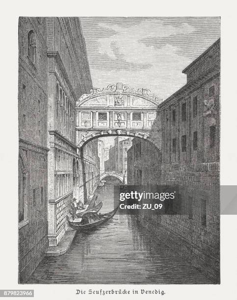 bridge of sighs (ponte dei sospiri), wood engraving, published 1883 - bridge of sighs stock illustrations
